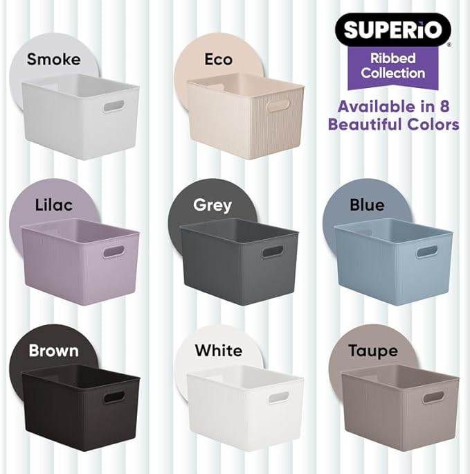 Decorative Plastic Basket Open Home Storage Bins Organizer, X-Large Taupe (6 Pack) Container Boxes for Organizing Closet Storage Bins for Shelves Drawer Shelf - Ribbed Collection 22 Liter/23 Quart