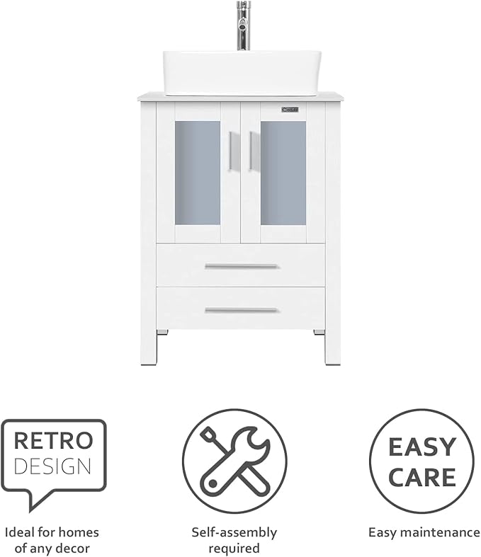 eclife 24" Modern Bathroom Vanity Sink Combo Freestanding Cabinet with Soft Closing Door, White Rectangle Ceramic Vessel Sink, Water Save Faucet, Drain (White+T03)
