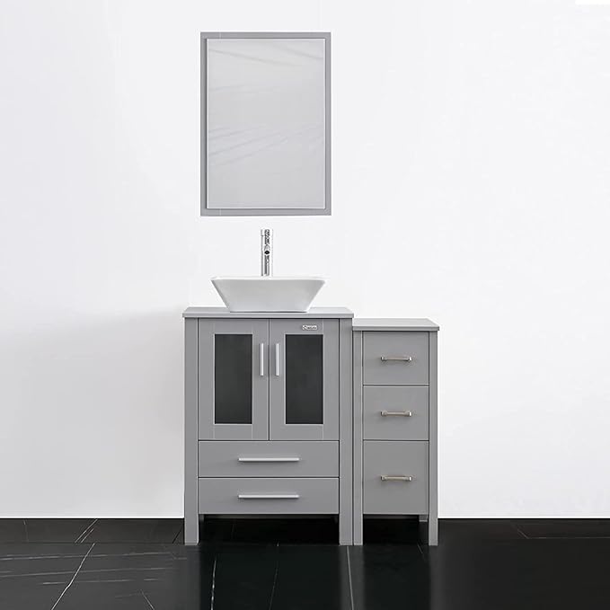 eclife 36" Modern Bathroom Vanity Sink Combo Freestanding Cabinet with Small Side Cabinet, White Square Ceramic Vessel Sink, Water Save Faucet, Drain (Gray+A07)
