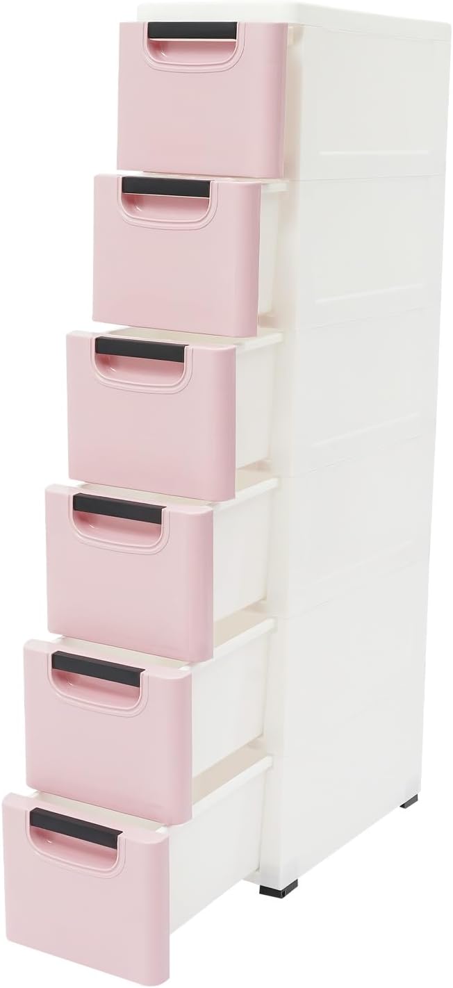 6 Drawers Plastic Storage Cabinet, Mobile Slim Utility Cart on Wheels, for Narrow Space Office Classroom Bedroom Bathroom (Pink)