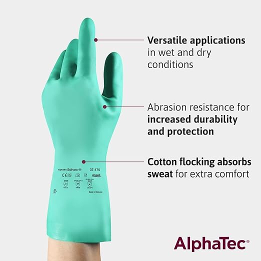 Ansell AlphaTec Solvex 37-175 Flocked Chemical-Resistant Gloves for Cleaning, Agriculture, Food, Mechanics, Oil - XL, Green (12 Pairs)