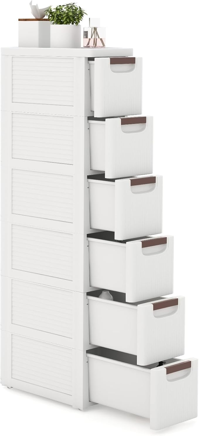 LOKO 6-Drawer Narrow Storage Cabinet, Slim Rolling Cart, Mobile Plastic Cart Container with Pull Handles, Built-in Wheels, for Living Room, Kitchen, Bathroom, Office (7.5"x16.5"x43" (6 Drawer))