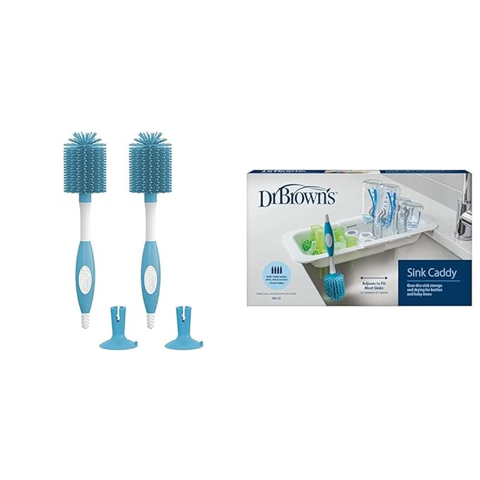 Dr. Brown's Soft Touch Baby Bottle Cleaning Brush, Blue, 2-Pack + Dr. Brown's Sink Caddy, Over The Sink Kitchen Storage, Baby Bottle Drying Rack and Organizer, BPA-Free