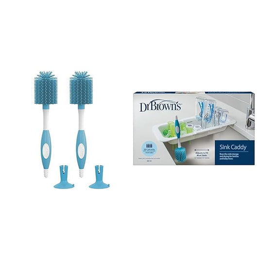 Dr. Brown's Soft Touch Baby Bottle Cleaning Brush, Blue, 2-Pack + Dr. Brown's Sink Caddy, Over The Sink Kitchen Storage, Baby Bottle Drying Rack and Organizer, BPA-Free