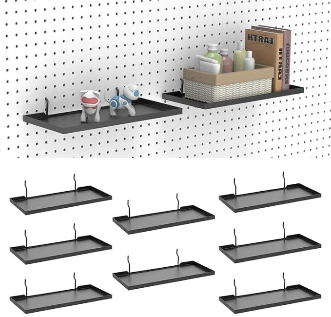 13X6 Inch Pegboard Shelves Set of 10, Metal Peg Board Shelves Accessories, Flat Display Shelves for Pegboard, Metal Retail Display for Storage and Organization, Black
