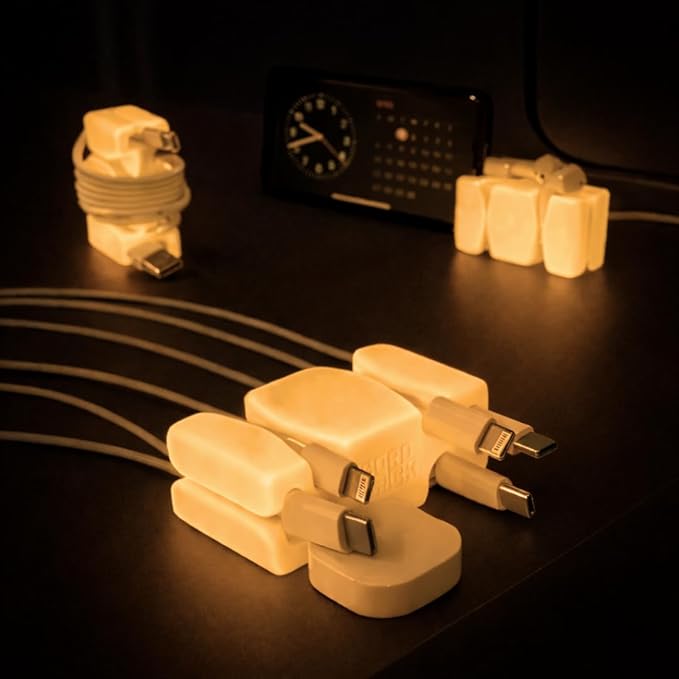 GlowBrick Stocking Stuffers for Adults Cord Management Weighted Cord Holder Cable Wrap Phone Stand - Glow-in-The-Dark Gadget Organizer for Nightstand. Gift for Men, Silicone. 6pk Glowing Orange