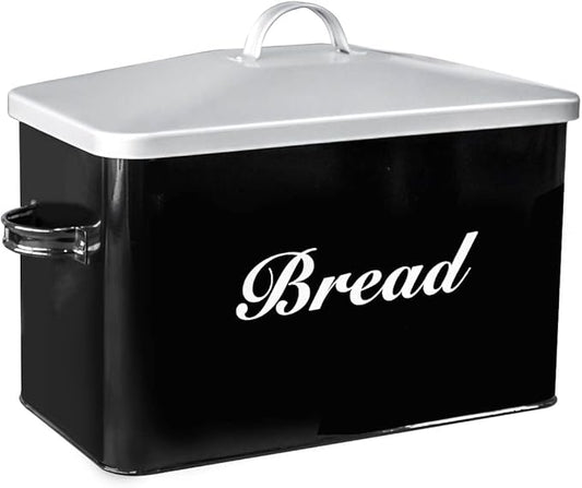 SOTECH Vintage Metal Bread Box Farmhouse Decor Style Pantry Organization and Storage Container,Space Saving Black with Silver Breadbox-Rustic Kitchen Decor