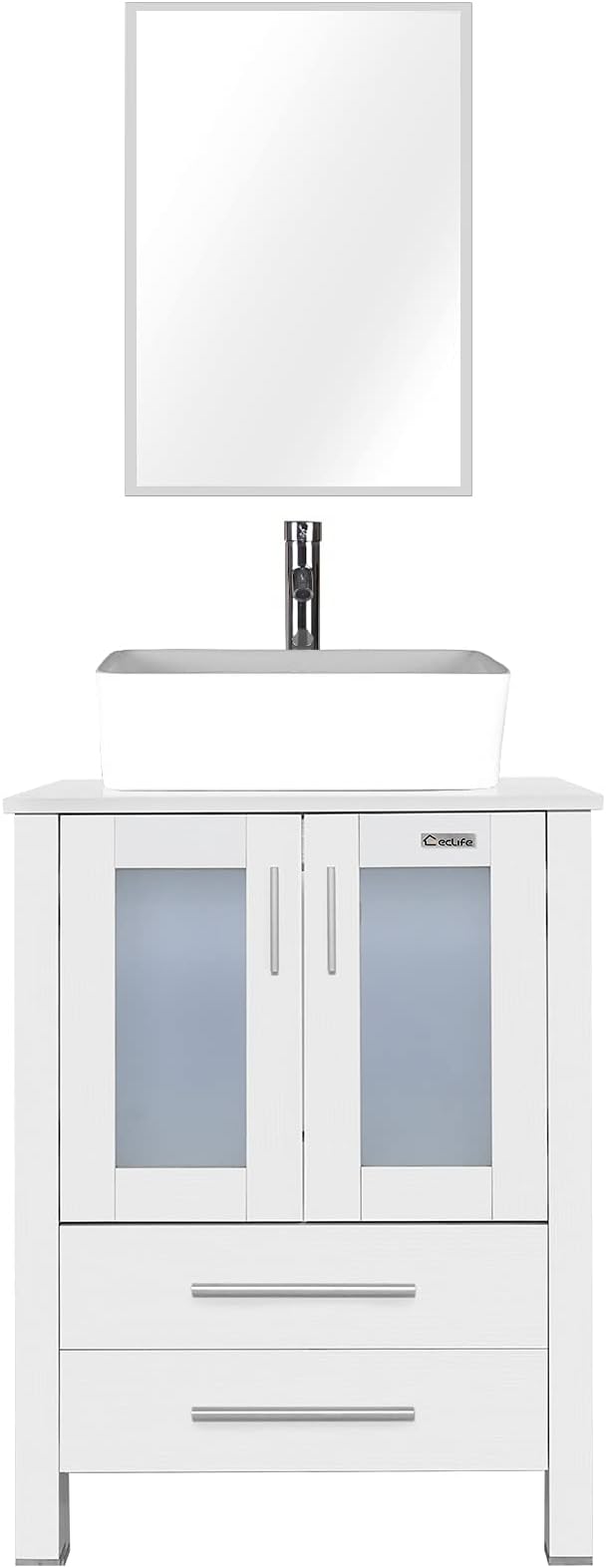 eclife 24" Modern Bathroom Vanity Sink Combo Freestanding Cabinet with Soft Closing Door, White Rectangle Ceramic Vessel Sink, Water Save Faucet, Drain (White+T03)