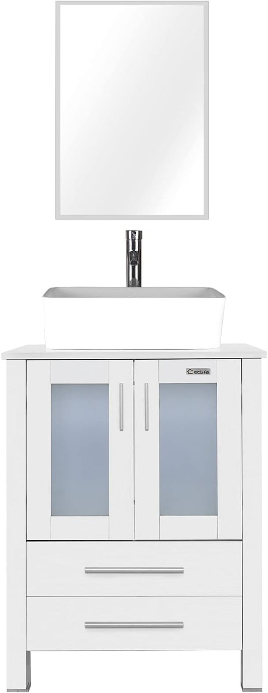 eclife 24" Modern Bathroom Vanity Sink Combo Freestanding Cabinet with Soft Closing Door, White Rectangle Ceramic Vessel Sink, Water Save Faucet, Drain (White+T03)