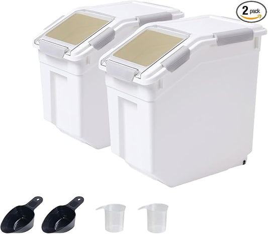Airtight Flour Storage Container 25 lb Rice Storage Container with Wheels Seal Locking Lid, Food Containers with Measuring Cup& Scoop for Flour, Rice, Grain, Cyan 2Pack