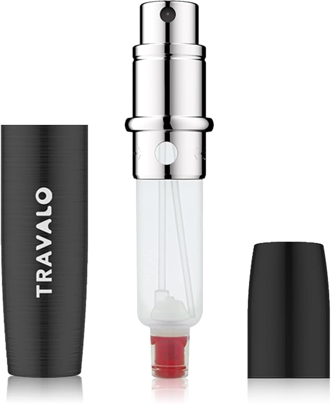 LUX Perfume Atomizer - Leak-Proof and TSA Approved for Air Travel - Reusable Airtight Easy Fill Mini Pump Sprayer - Lightweight Portable - Brushed Polished Metal Alloy Outer Shell - Black