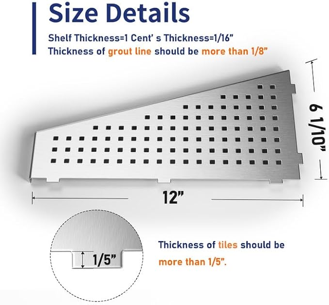 Corner Shower Shelf, 12" Trapezoid Grout in Shelf, 304 Stainless Steel Grid Design Recessed Bathroom Shelf for Tiled Wall