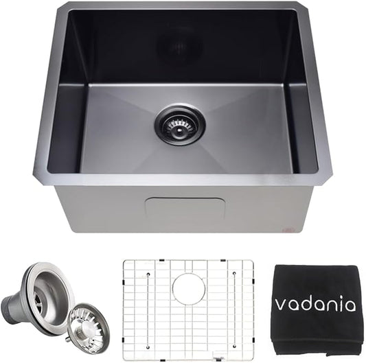 VADANIA 22-inch Kitchen Bar Sink, Black-plated Finish, 22"x18"x10", Single Bowl, Undermount, 18 Gauge T304 Stainless Steel, with Strainer & Bottom Grid, cUPC listed