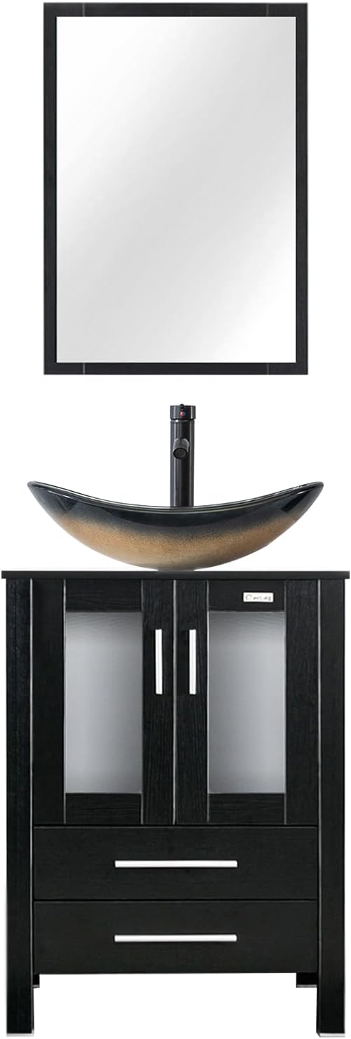 eclife 24" Modern Bathroom Vanity Sink Combo Freestanding Cabinet with Soft Closing Door, Champagne Boat Glass Vessel Sink, Water Save Faucet, Drain (Black+A29CH)