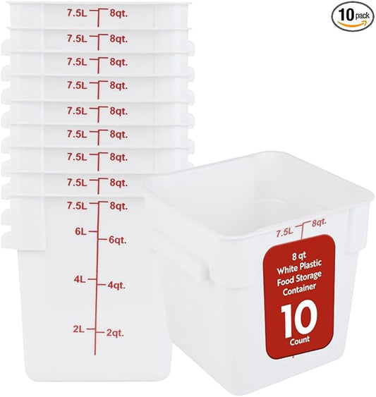 Restaurantware Food Storage Container 10 Pack of 8 qt Plastic Kitchen Storage Bin with Volume Markers Space-Efficient Design Dishwasher-Safe Polypropylene White