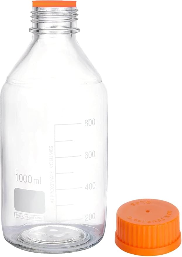 Lab Media Storage Round Bottles Graduated Glass Container GL45 Screw Cap Leakproof Multi-Purpose for Scientific — pack of 4 (Orange,1000ml)