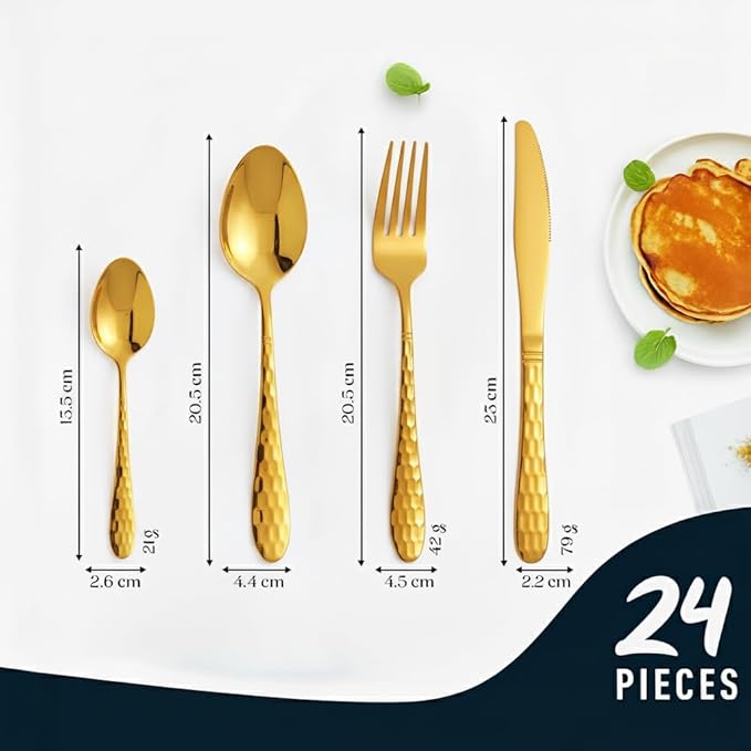 24-Piece Golden Silverware Set, Stainless Steel Cutlery Set with Knife Forks & Spoons, Flatware Set for Home and Kitchen Dining Table Set, Durable Utensils for New Home Essentials