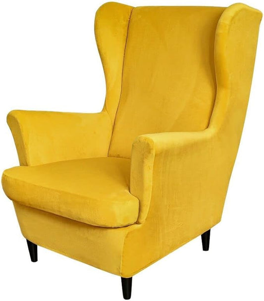OBCREAT Wingback Chair Covers,2 Piece Stretch Velvet Wingback Chair Slipcover Soft Wing Chair Sofa Covers with Elastic Bottom,Armchair Couch Cover Furniture Protector for Living Room (Yellow)