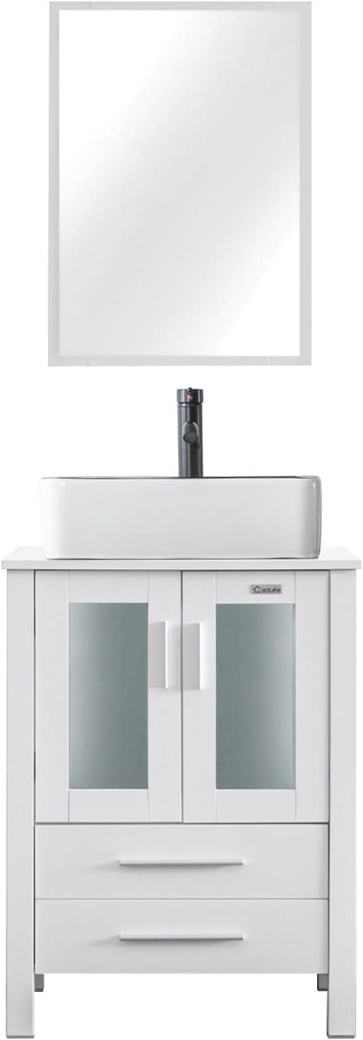 eclife 24" Modern Bathroom Vanity Sink Combo Freestanding Cabinet with Soft Closing Door, White Black Ceramic Vessel Sink, Water Save Faucet, Drain (White+T03BK)