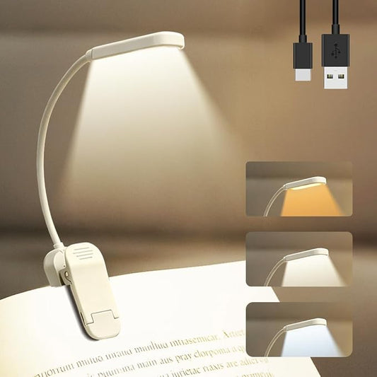 Rechargeable 20 LED Book Lights for Reading at Night - Energy Saving with Extended 60Hrs Runtime, 15-Level Stepless Dimming, Flexible Lightweight Clip on Light for Studying, Travel, White