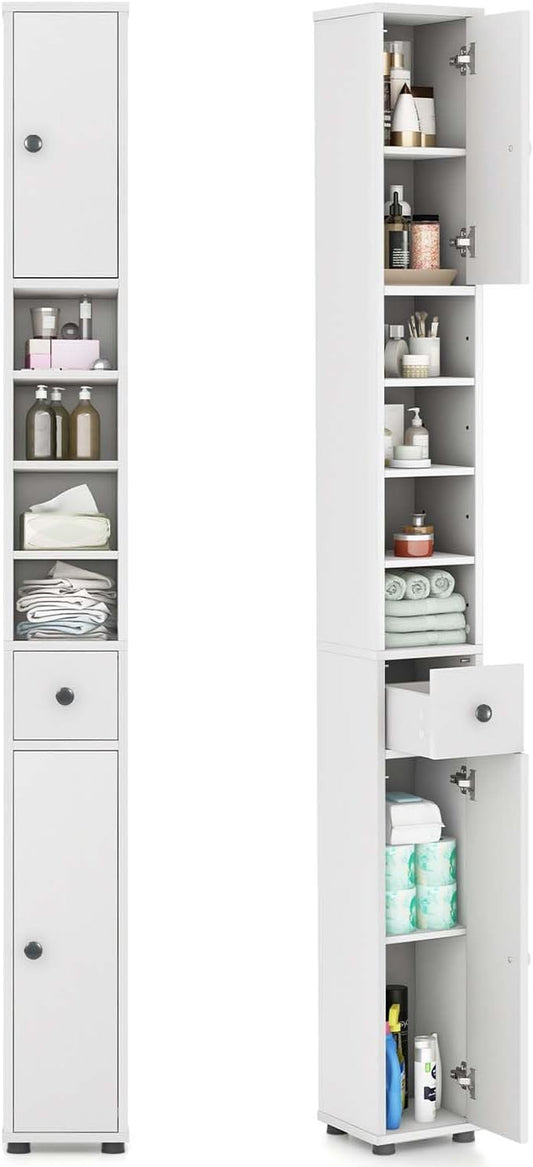 SIMOE Tall Bathroom Storage Cabinet, 32.5lbs Heavy-Duty 8" Slim Narrow Floor Cabinet with 5 Adjustable Shelves & Drawer, 71" Freestanding Skinny Linen Tower for Small Spaces, Moisture-Proof, White