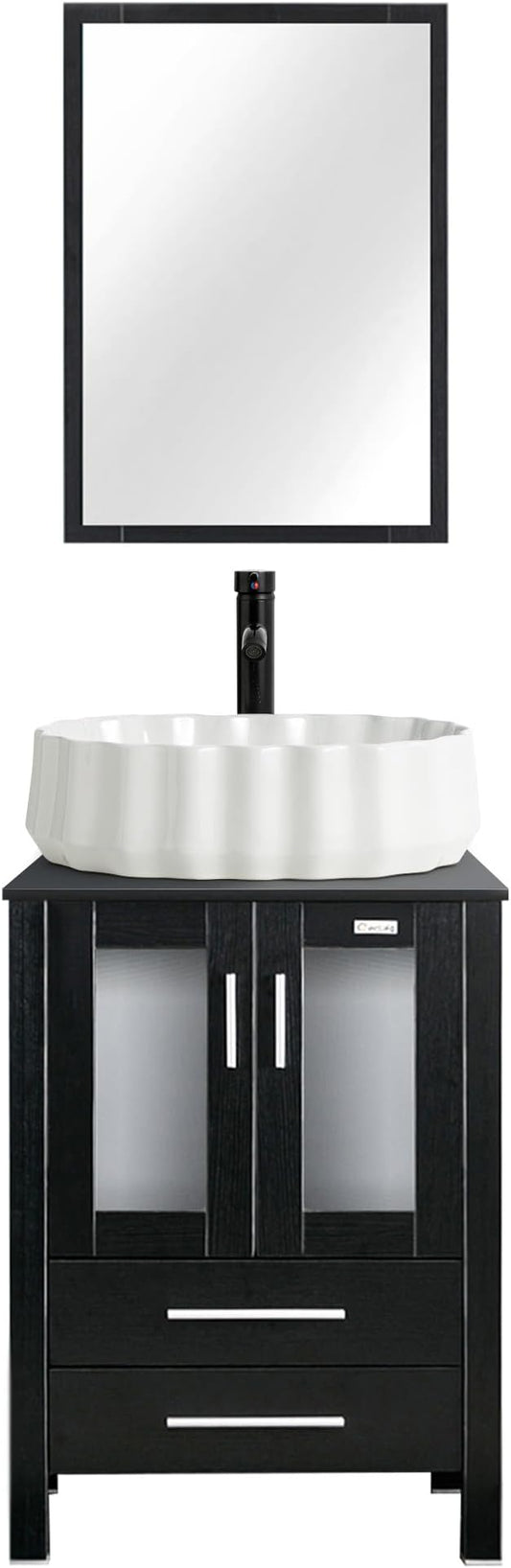 eclife 24" Modern Bathroom Vanity Sink Combo Freestanding Cabinet with Soft Closing Door, White Shell Ceramic Vessel Sink, Water Save Faucet, Drain (Black+T54)