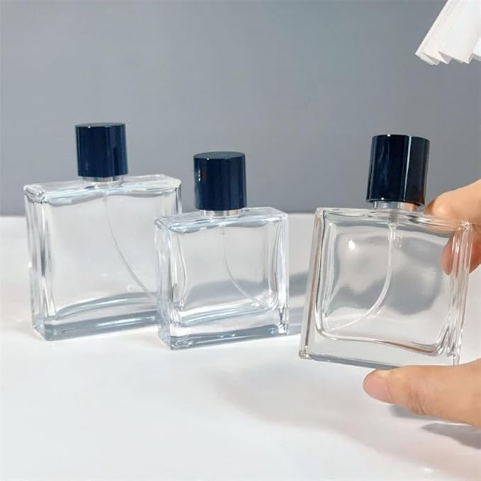 Empty Perfume Bottle Refillable 8PCS 50ml Glass Square Flat Clear Travel Spray Atomizer Container Perfume Fine Mist Spray Pump Bottles Dispenser for Essential Oil Liquid (Flat Square -8PCS)