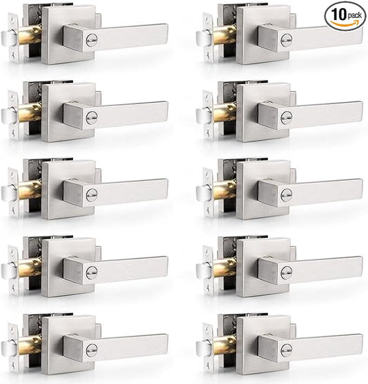 Probrico Square Satin Nickel Bedroom and Bathroom Privacy Door Levers Lockset Keyless Door Locks Handles, Pack of 10