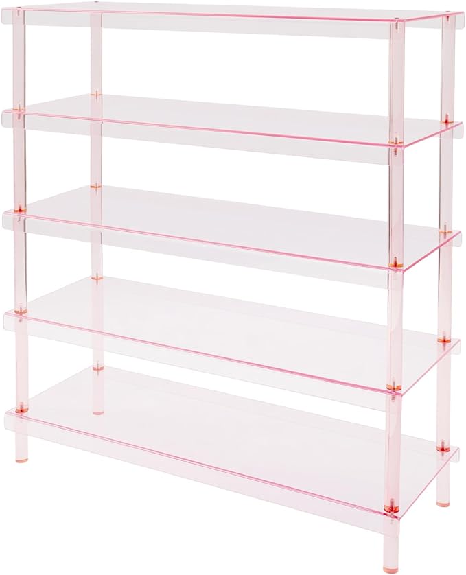 5-Tier Acrylic Shoe Rack in Clear Pink, 22 lbs per Shelf, 5mm Thick Modern Shoe Organizer for Entryway, Living Room, Closet Storage (Pink)