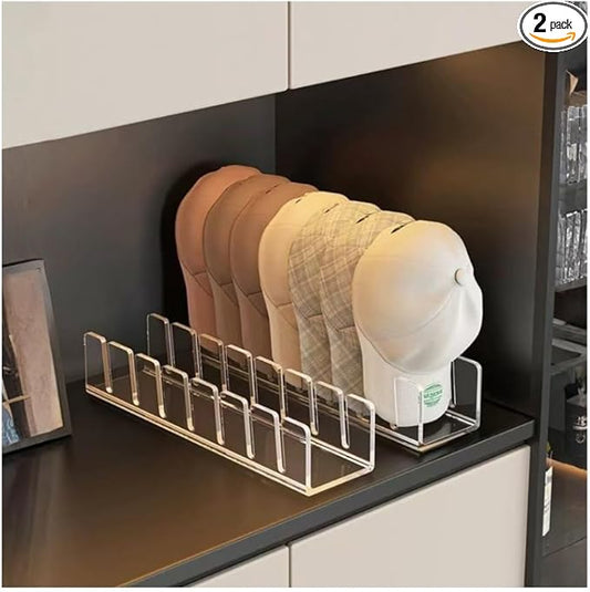 Acrylic Baseball Cap Organizer Rack 2-Pack - Holds 14 Hats, No Install Space Saving Display Stand for Closet, Bedroom, Entryway (Clear)
