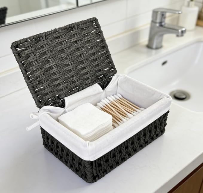 Small Woven Storage Baskets with Lids, Set of 3, Black Paper Rope Wicker Storage Bins for Bathroom Shelf, Stackable Decorative Organizer Boxes