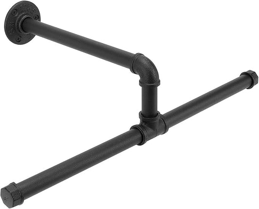 Industrial Pipe Clothes Rack Floating DIY Wall Mounted, Heavy Duty Rustic Vintage Clothing Rod, Metal Garment Bar Space-Saving Hanging for Bedroom, Bathroom and Laundry Room (Black 18 inch)