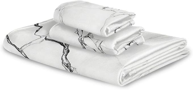 Marble White Towels Set of 3 Marbling Texture Art Bathroom Towel Soft Absorbent Bath Hand Towels Washcloth Guest Towel Sets Bathroom Decorations