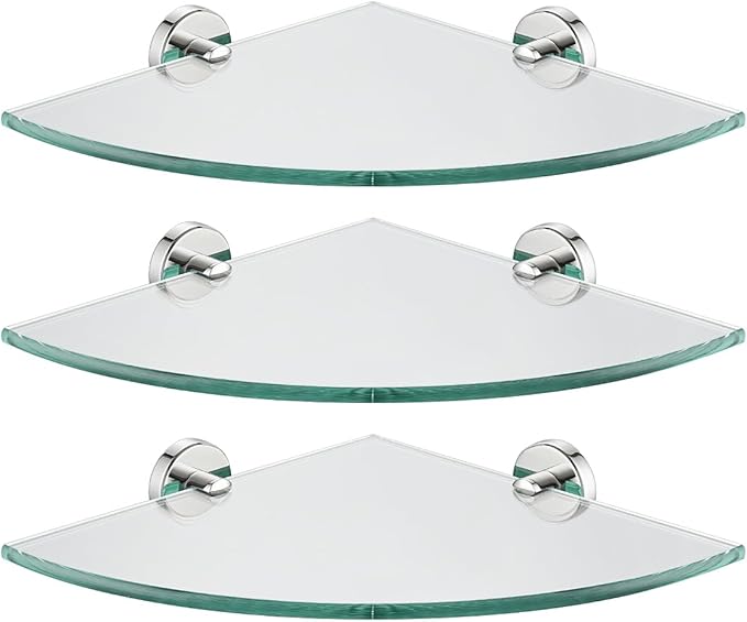 JQK Corner Glass Shelf, Polished Chrome Bathroom 304 Stainless Steel Shower Triangle Floating Wall Shelf, 10 x 10 Tempered Glass, 3 Pack, TGS190L10-CH-P3
