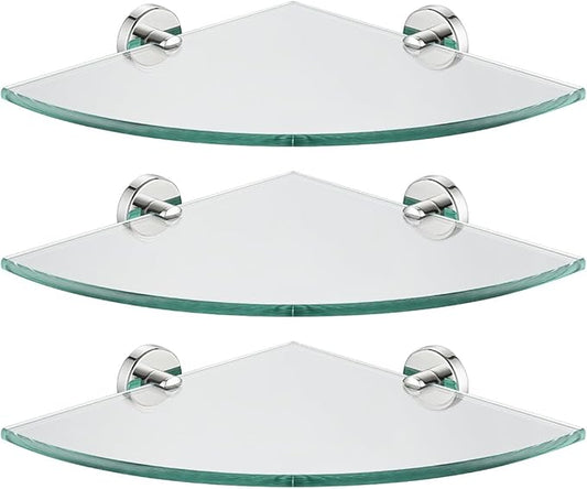 JQK Corner Glass Shelf, Polished Chrome Bathroom 304 Stainless Steel Shower Triangle Floating Wall Shelf, 10 x 10 Tempered Glass, 3 Pack, TGS190L10-CH-P3
