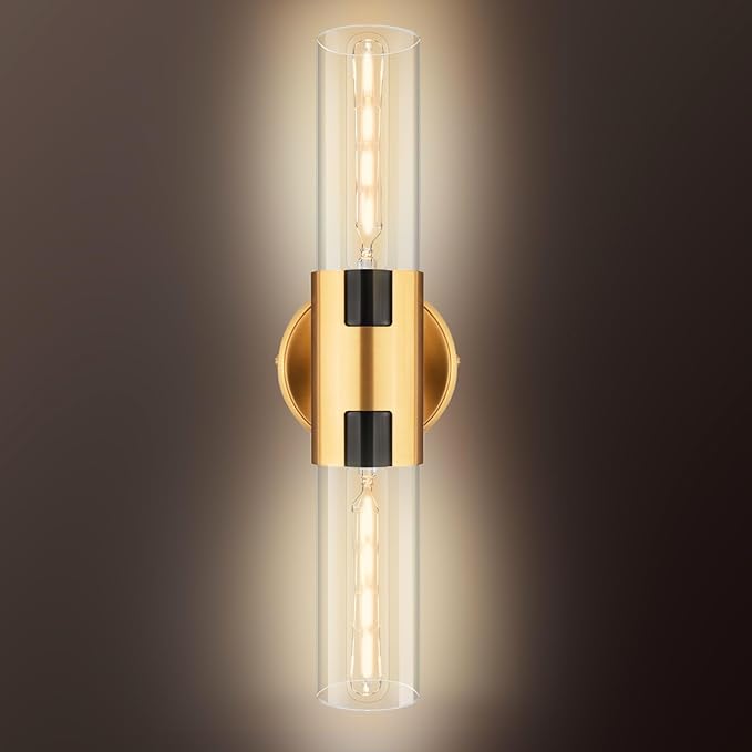 2-Light Bathroom Vanity Light Fixtures, 17.5" Indoor Wall Sconce with Clear Glass, Modern Cylinder Wall Lights for Bathroom, Bedroom, Hallway, Stairways, Living Room (Brushed Gold)