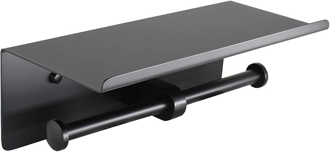 Double Toilet Paper Holder with Shelf Matte Black, Bathroom Accessories Decor SUS 304 Stainless Steel Modern Paper Towel Holder Plus Cell Phone Wall Storage