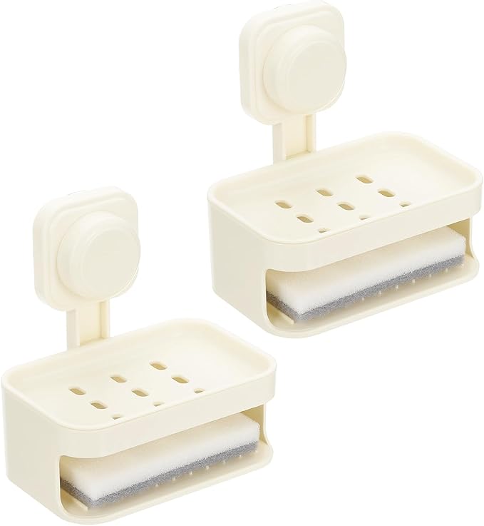uxcell 2Pcs Suction Cup Soap Dish, Removable and Reusable Wall Mounted Double Bar Soap Holder for Shower No-Drilling Sponge Holder for Bathroom Kitchen, Beige