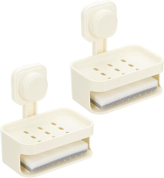 uxcell 2Pcs Suction Cup Soap Dish, Removable and Reusable Wall Mounted Double Bar Soap Holder for Shower No-Drilling Sponge Holder for Bathroom Kitchen, Beige