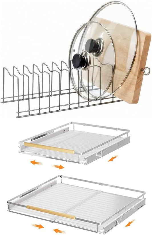 SANNO Pot Lid Organizer Pot Lid holder, Pots and Pans Organizer Drawer Plate Organizer for Bakeware Dish Plate Expandable Pull Out Cabinet Shelf,Under Sink Slide Out Cabinet Organizer
