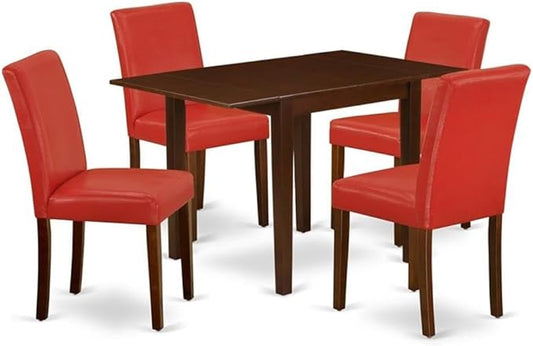 East West Furniture 1NDAB5-MAH-72 5 Piece Dining Table Set Includes a Rectangle Kitchen Table with Dropleaf and 4 FireBrick Red Faux Leather Upholstered Chairs, 30x48 Inch, Mahogany