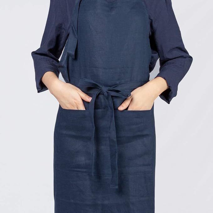 ATLINIA 100% Linen Apron with Buttons Adjustable Bib Apron with Pockets Linen Half Apron Bistro Apron