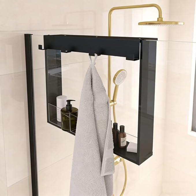 Over the Door Shower Caddy for Glass Door – 20"x16" Stainless Steel Hanging Shelf with Hooks, No-Drilling Frameless Shower Organizer, Rust-Proof Bathroom Storage for Towels & Toiletries