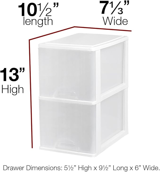 Plastic 2-Drawer Storage Organizer, 4-Pack for Classroom Art Supplies Dresser Closet Bathroom Dorm Bedroom Laundry Room, Slim Narrow, White/Clear Crafts Drawers Storage Organizer (13"H x 10"D x 7"W)