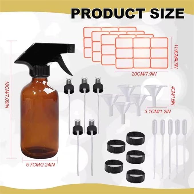 35 Pcs Glass Spray Bottles 8 oz Refillable Trigger Sprayers with Funnels for Essential Oil Cosmetic and Cleaning Solutions Containers with Labels, Droppers, and Spare Lids (Brown)