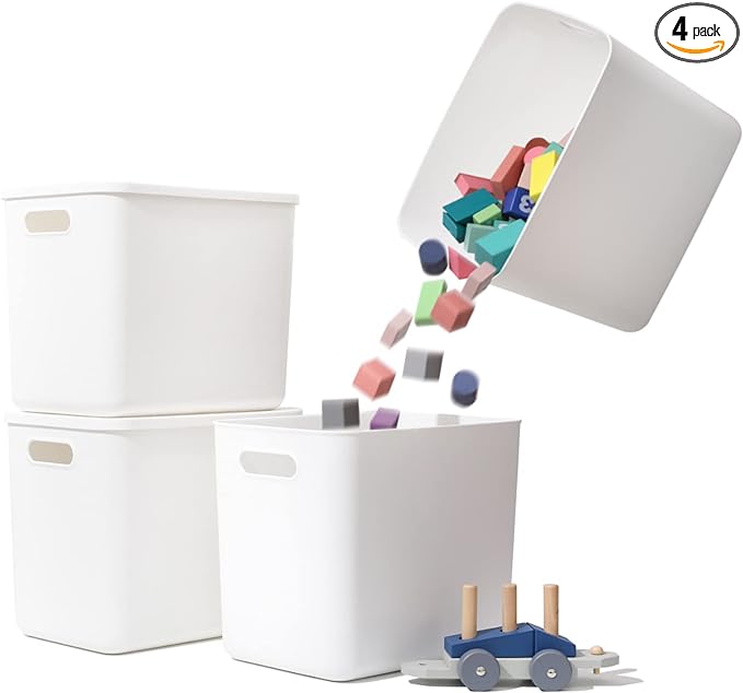 Plastic Storage Baskets Bins Boxes With Lids,Organizing Container White Storage Organizer Bins For Shelves Drawers Desktop Playroom Classroom Office,4-Pack