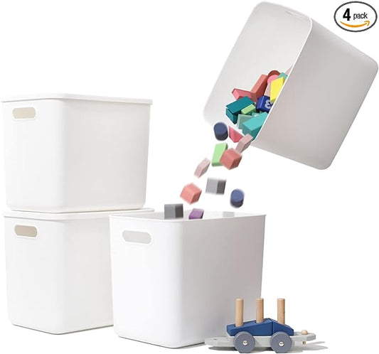 Plastic Storage Baskets Bins Boxes With Lids,Organizing Container White Storage Organizer Bins For Shelves Drawers Desktop Playroom Classroom Office,4-Pack