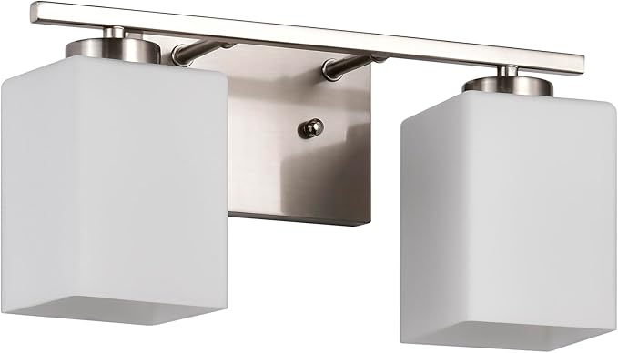 Edvivi Bathroom Light Fixtures, 2-Light Modern Brushed Nickel Vanity Light Over Mirror, Wall Sconces with Square White Glass Shades for Living Room, Bedroom, Hallway, E26 Base