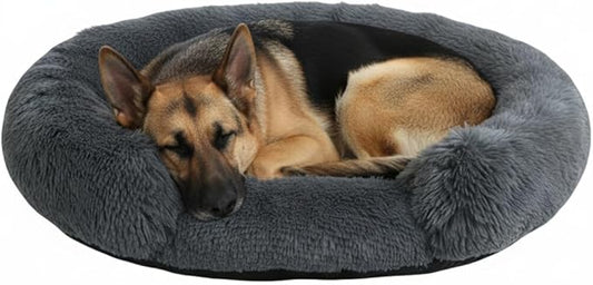 Fluffy Dog Bed Calming Donut Beds for Large Dogs Warming Round Small Medium Pet Nest Cozy Cat Mattress Indoor Washable Puppy Kennel Kittens Sleep Mat (L, 35.4×35.4 inch, Dark Gray)