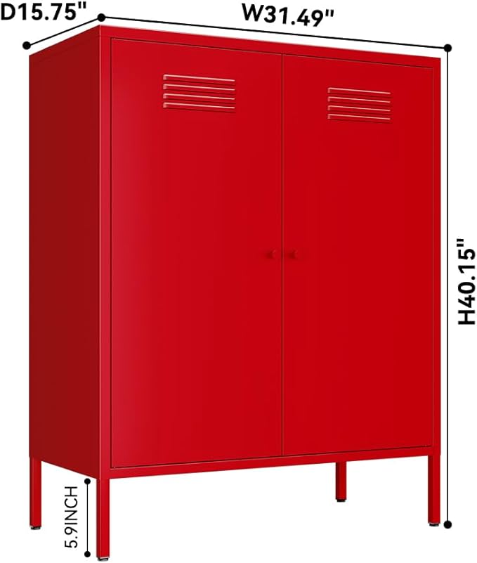 Red Metal Locker Storage Accent Cabinets with 2 Adjustable Shelves, 3 Tier Metal Storage Cabinet with Legs, Steel Cupboard Lockers for Kids Bedroom, Home, Office, Entryway, Kitchen